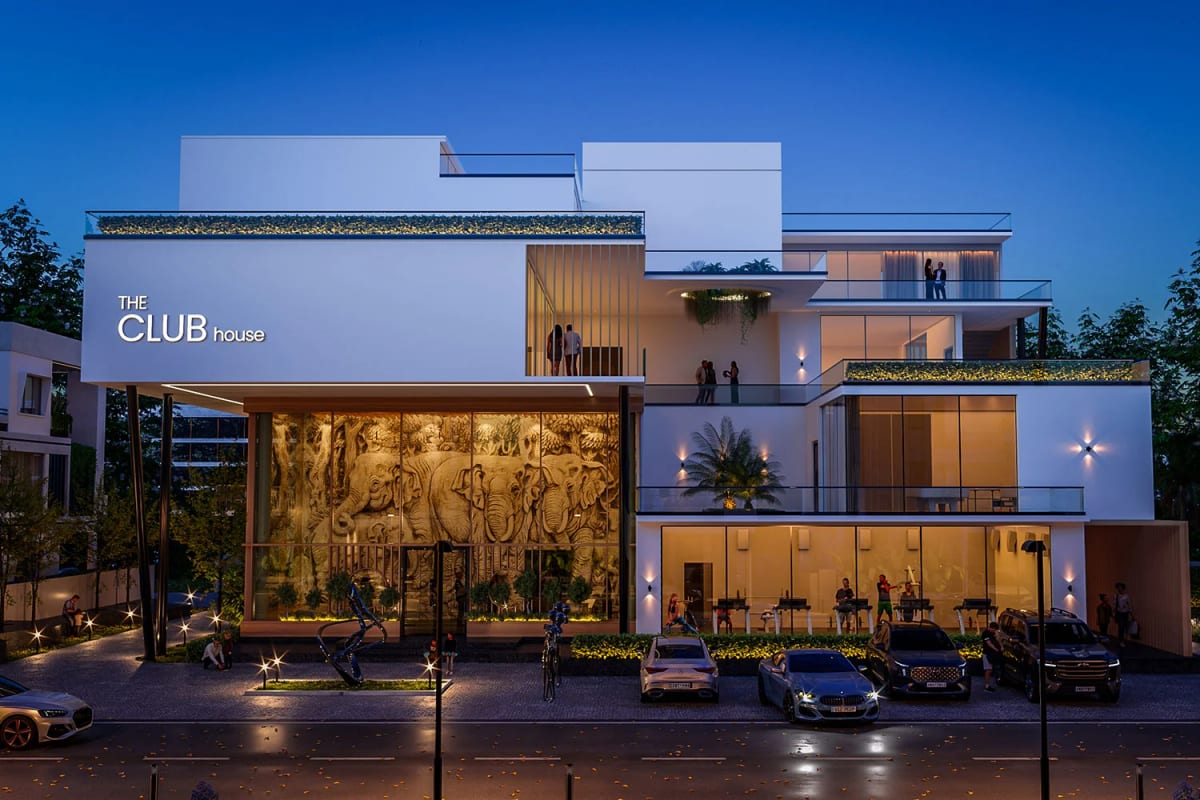 Ankura Iqon West: Clubhouse at dusk (rendering)