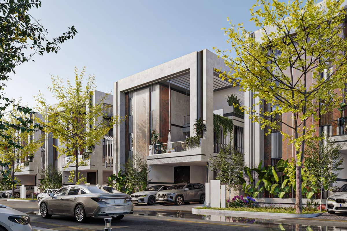 Ankura Iqon West: Villas along a tree-lined road (rendering)