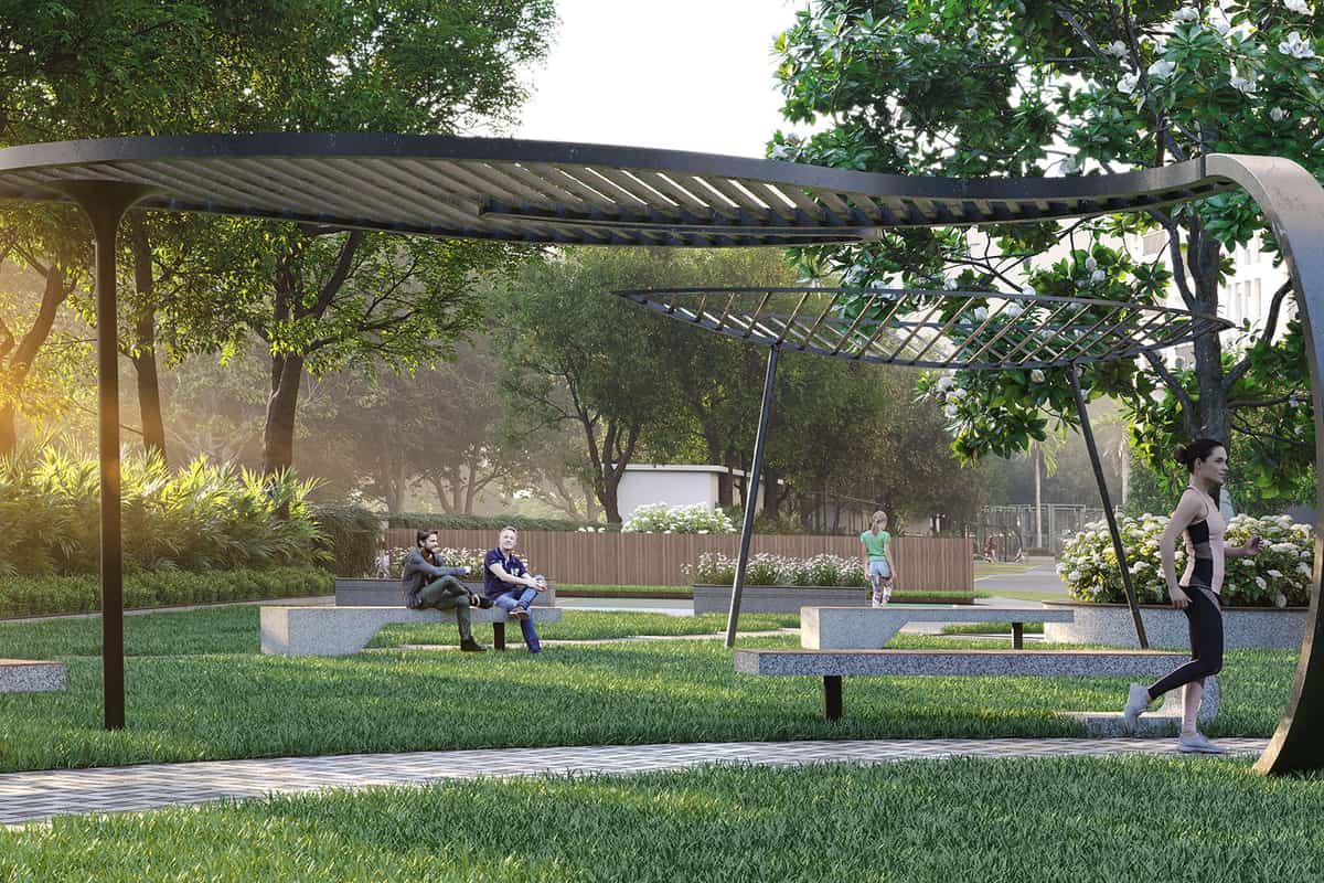 Anvita High 9: Landscaped walkway with seating