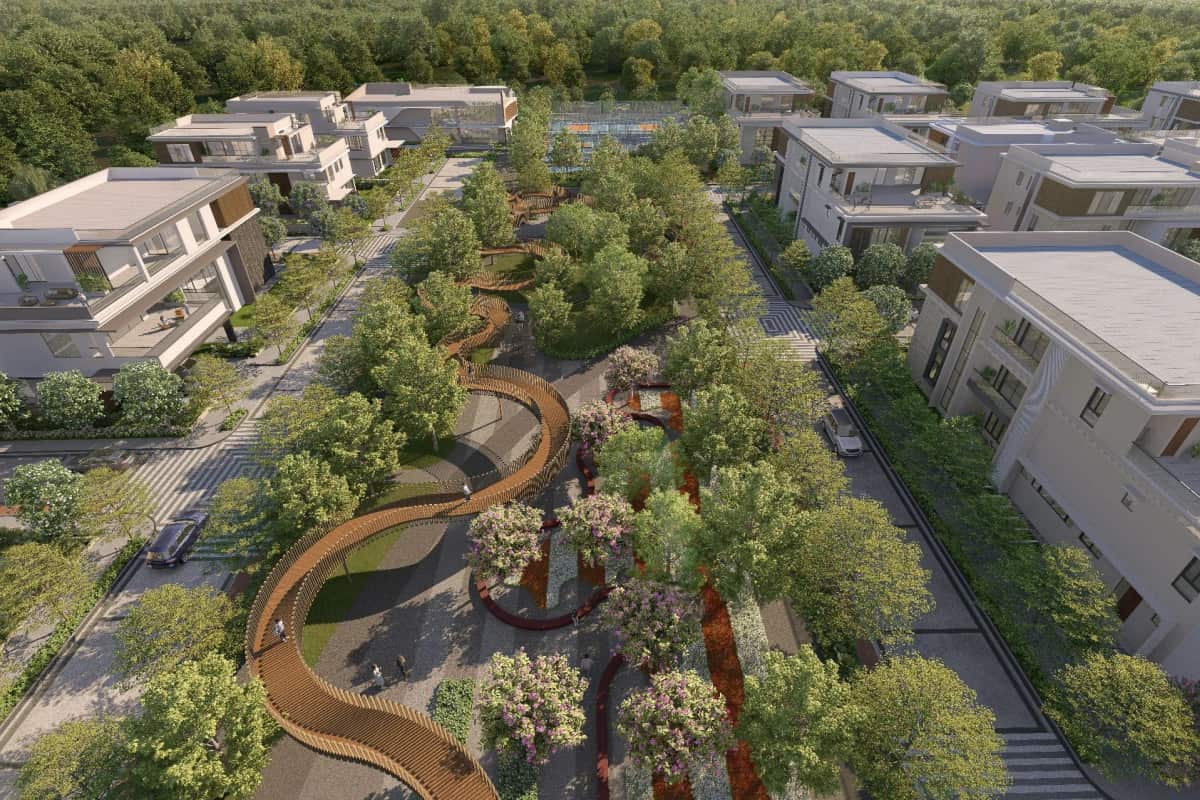 Bluefin Sylvanor: Central Park and skywalk, aerial view (rendering)