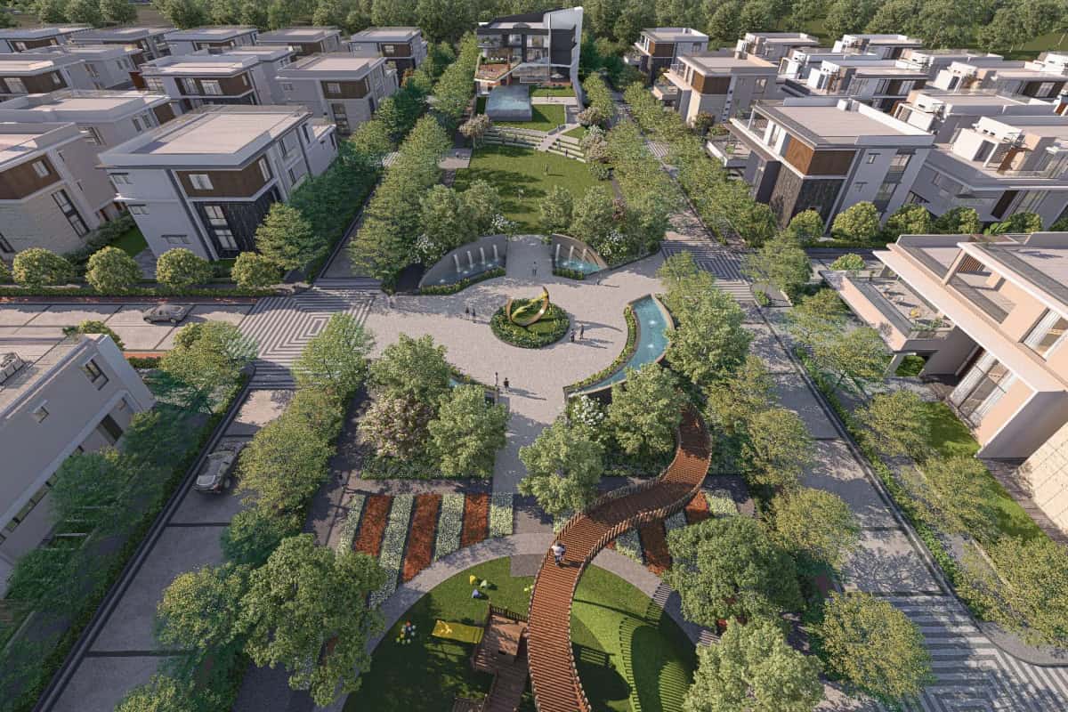 Bluefin Sylvanor: Roundabout and water feature, aerial view (rendering)