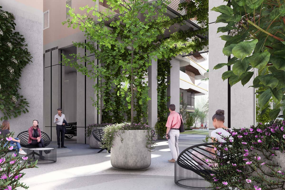 Breeze In The Courtyard: Courtyard seating under the towers (rendering)