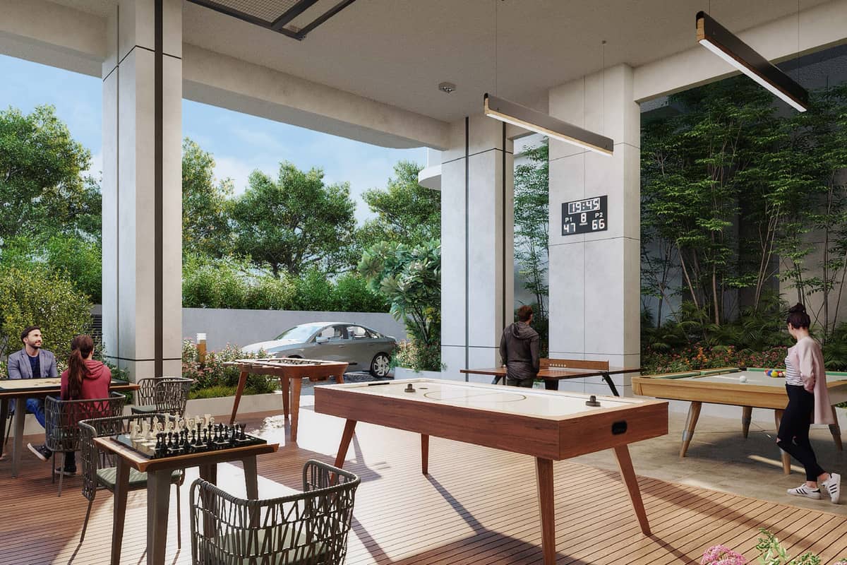 Breeze In The Courtyard: Board and table games in the stilt area (rendering)