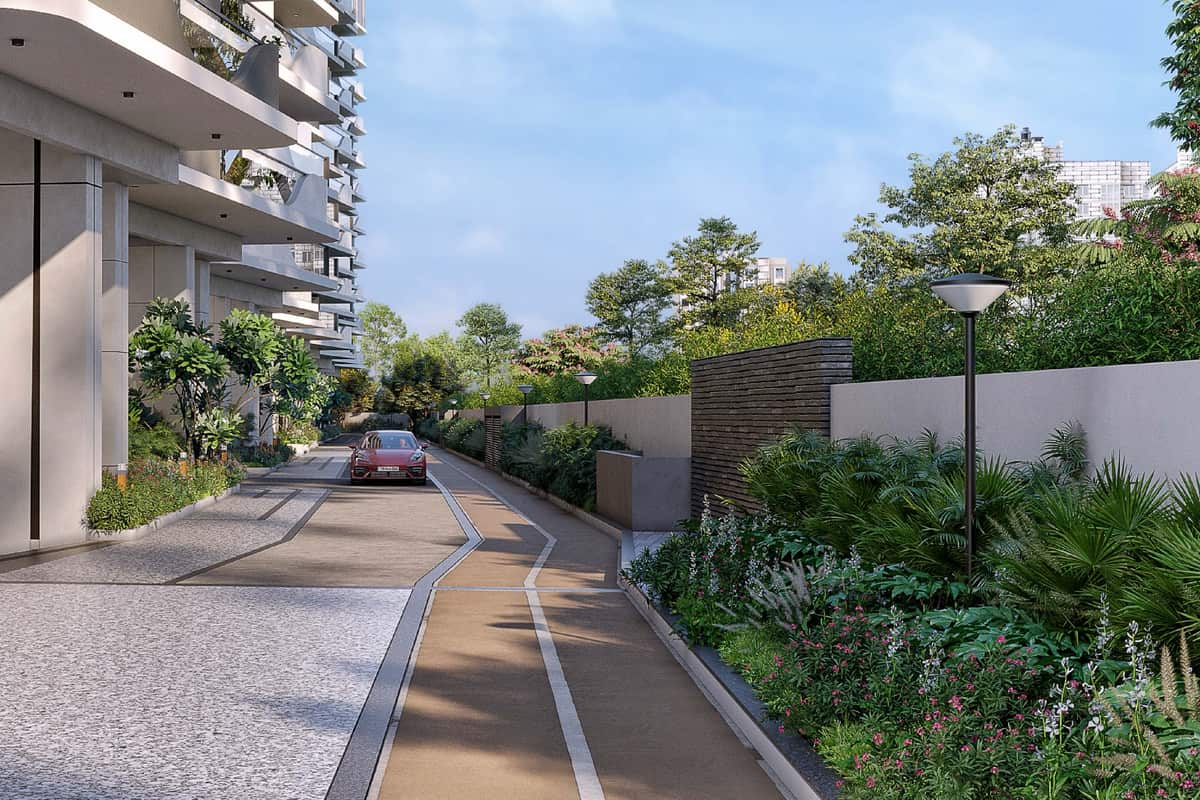 Breeze In The Courtyard: Driveway and landscaped edge (rendering)