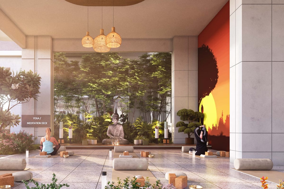Breeze In The Courtyard: Stilt-floor lounge with feature wall (rendering)
