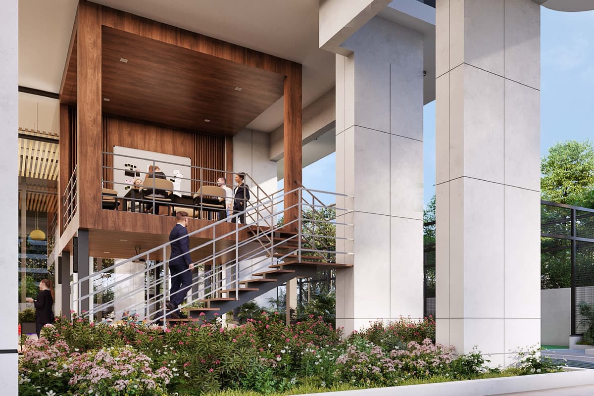 Breeze In The Courtyard: Mezzanine deck in the stilt area (rendering)