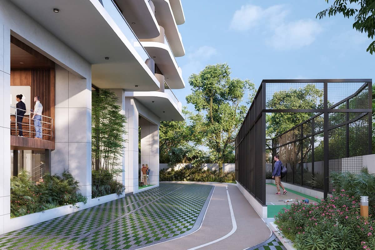 Breeze In The Courtyard: Sports enclosure beside the tower (rendering)