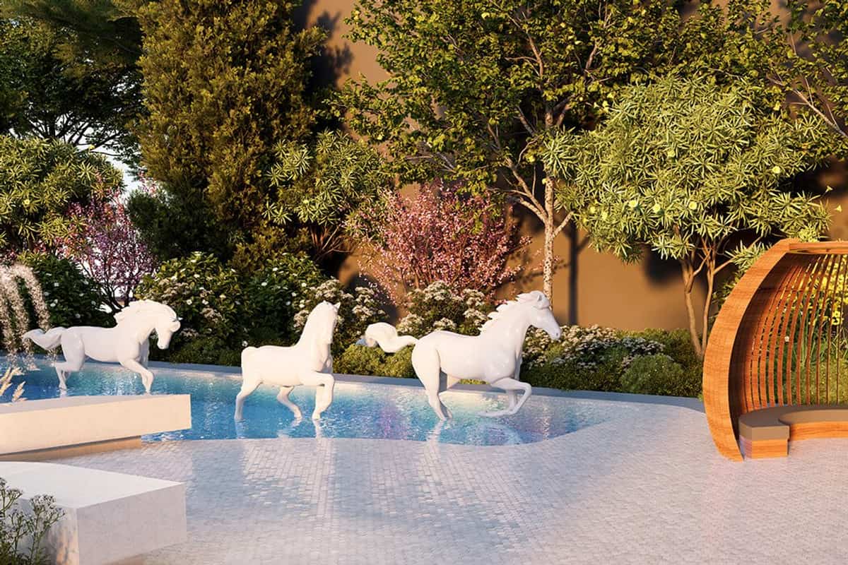 Bridge Epsilon: Water feature with horse sculptures