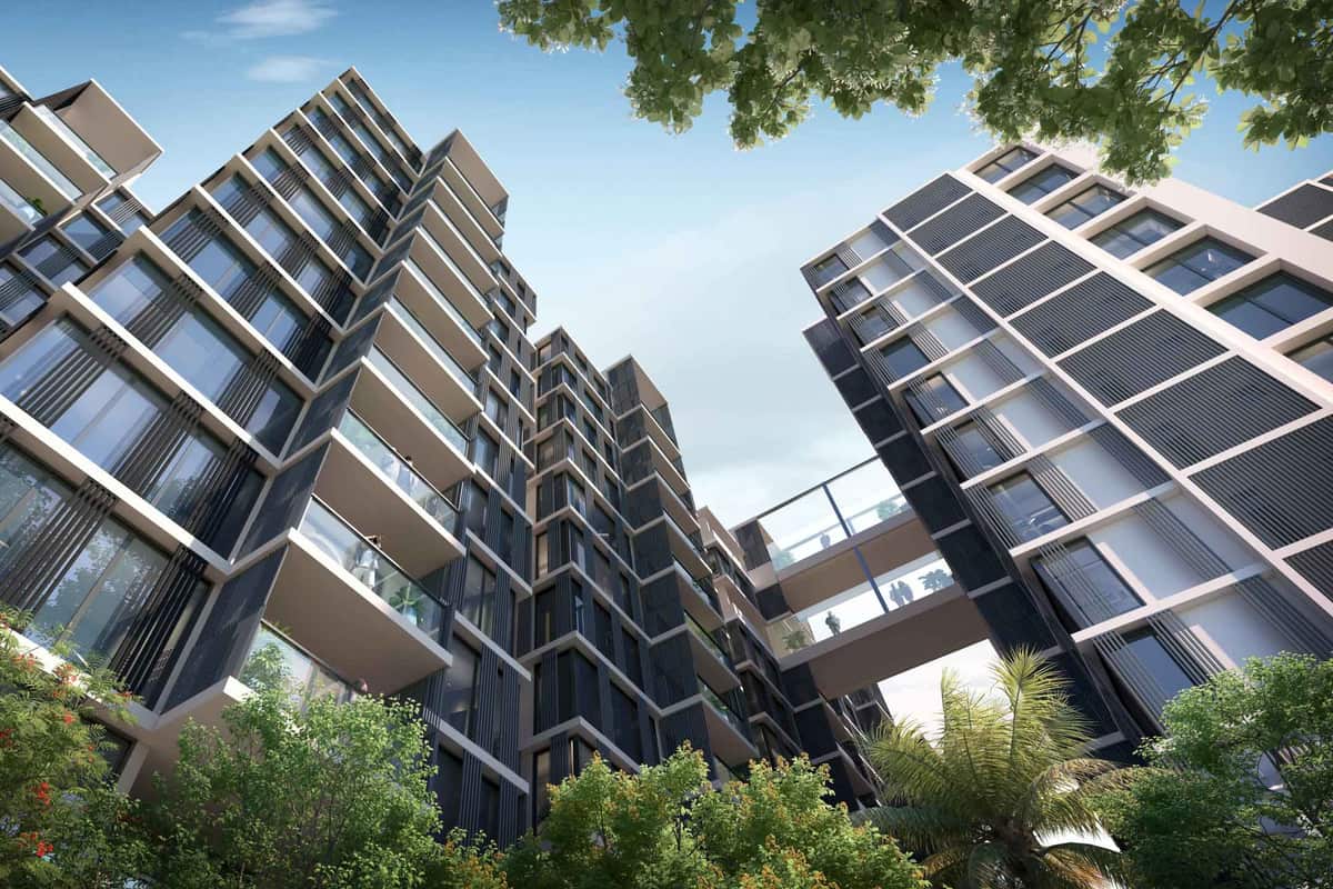 Casagrand Evon: Block B from a low angle with the connecting bridge