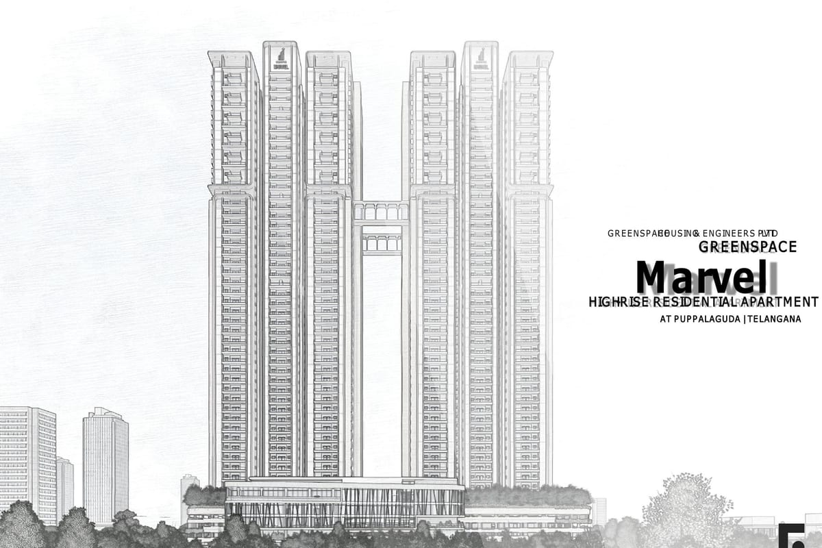 Greenspace Marvel: Elevation sketch of the twin towers (brochure cover)