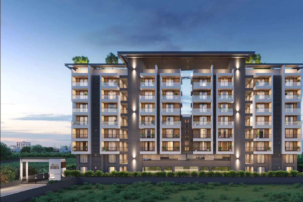 Hivision Heights: Block elevation at dusk