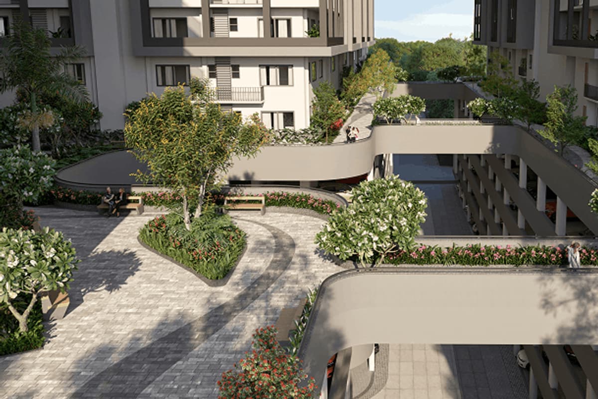IRA Moon Glade: Elevated walkway between towers
