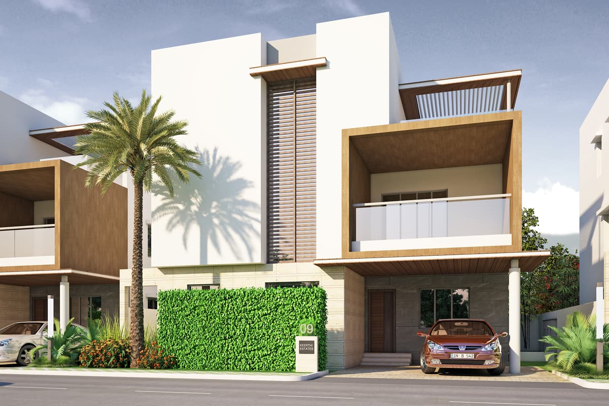 Keerthi Riverside: East-facing villa elevation