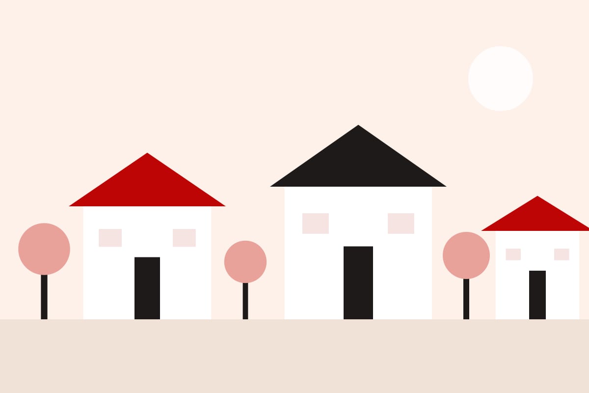 Illustration of villas with pitched roofs and trees